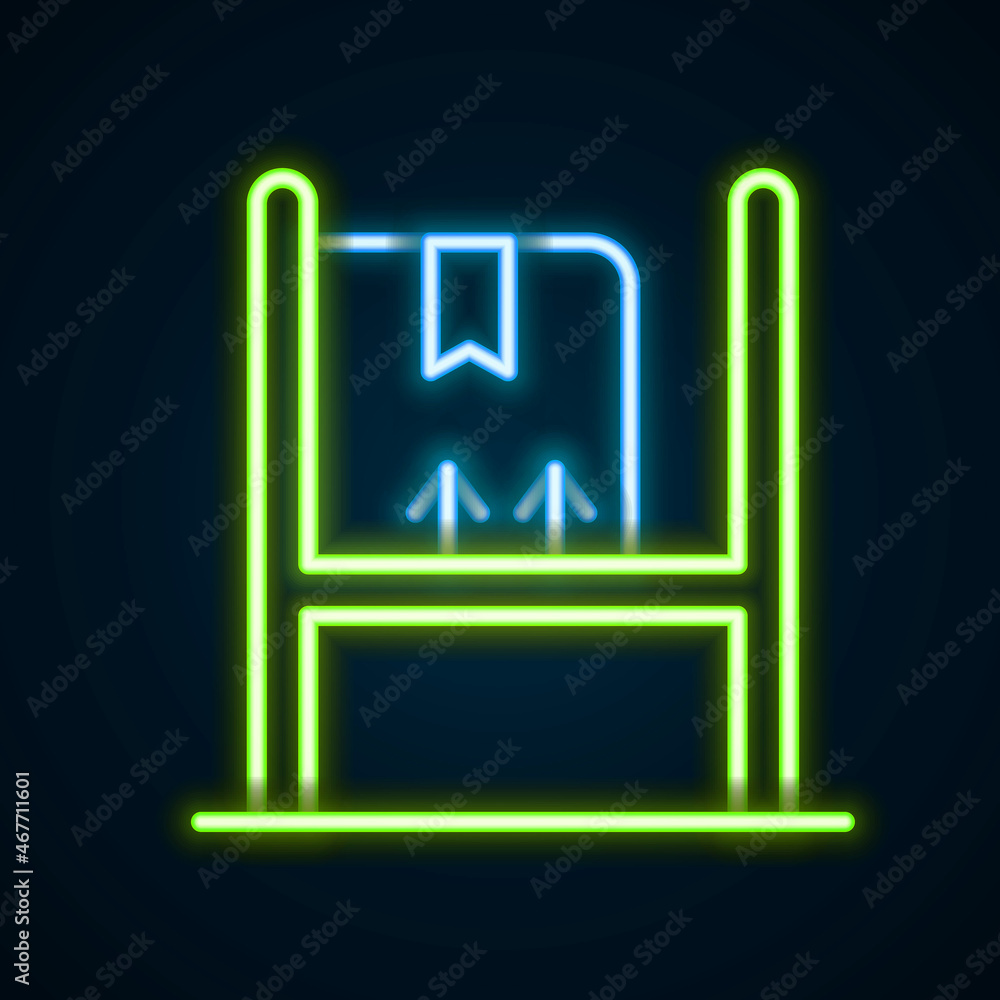 Glowing neon line Warehouse interior with boxes on racks icon isolated on black background. Logistics, cargo, parcel storage postal service. Colorful outline concept. Vector Glowing neon line Warehouse interior with boxes on racks icon isolated on black background. Logistics, cargo, parcel storage postal service. Colorful outline concept. Vector