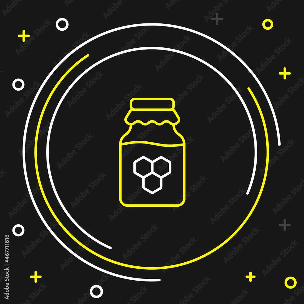 Line Jar of honey icon isolated on black background. Food bank. Sweet natural food symbol. Colorful outline concept. Vector Line Jar of honey icon isolated on black background. Food bank. Sweet natural food symbol. Colorful outline concept. Vector
