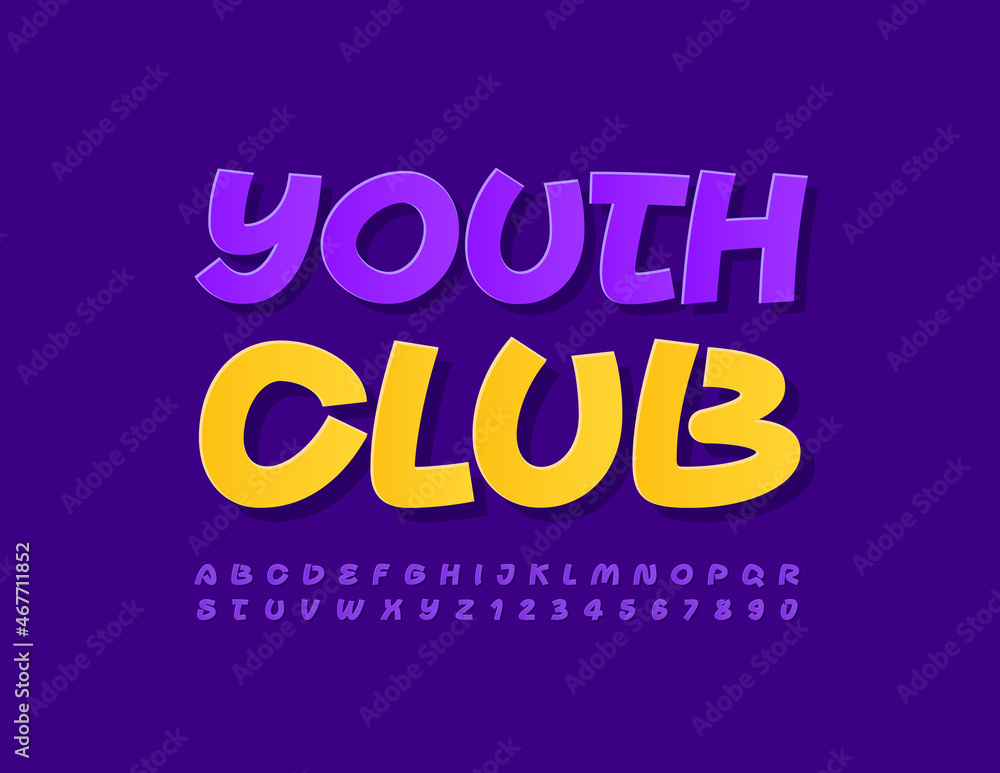 Vector modern banner Youth Club. Handwritten Font. Sticker style Alphabet Letters and Numbers set 