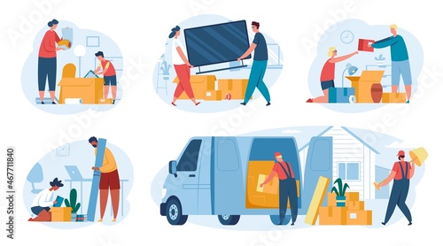 People moving houses, family relocating to new home. Characters unpacking things, delivery workers loading boxes in truck vector set. Man and woman carrying tv, child helping parent