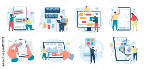 Web designer and programmer working on web development. Software developer writing code, programming software, developing app vector concept set. Computer coding, testing and fixing bugs