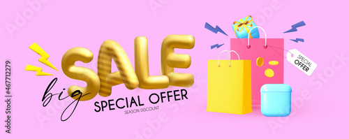3D sale banner with golden text and gift bags isolated on pink background.