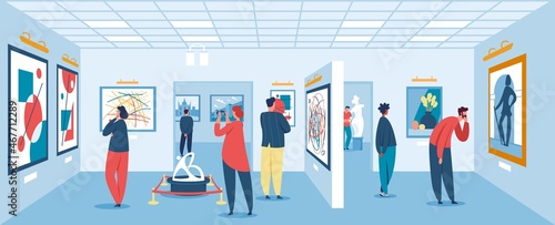People in art gallery exhibition, characters looking at exhibits. Woman admiring painting or sculpture, modern museum vector illustration. Indoor creative presentation with female and male visitors