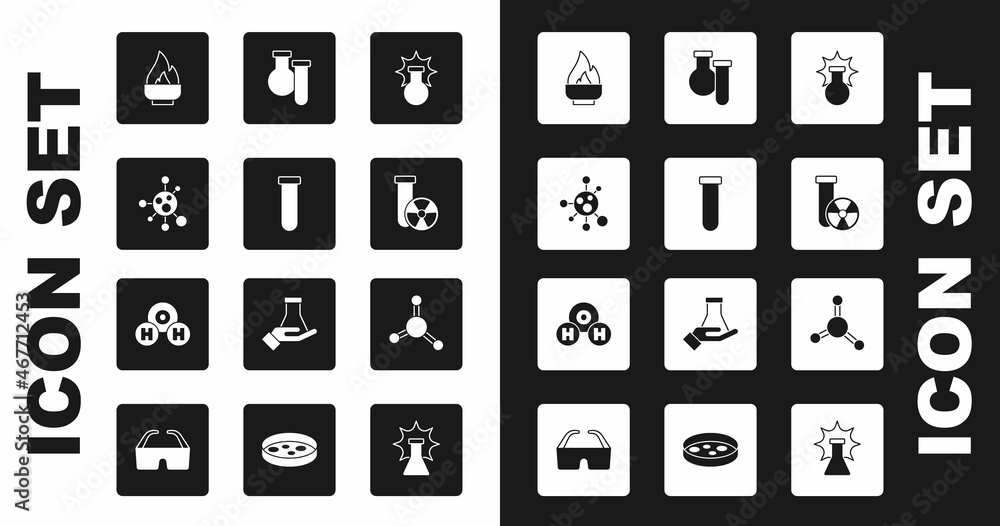 Set Chemical explosion, Test tube and flask, Molecule, Alcohol or spirit burner, radiation, and formula for H2O icon. Vector Set Chemical explosion, Test tube and flask, Molecule, Alcohol or spirit burner, radiation, and formula for H2O icon. Vector