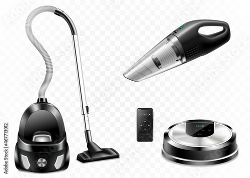 Set of realistic vacuum cleaners of various types isolated on white background, 3d vector illustration. Hand car vacuum cleaner, robotic vacuum cleaner