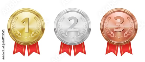 Realistic golden, silver and bronze medals, winner trophy award. Game champion prize badges, metal rewards with red ribbons vector set. First, second and third place in competition