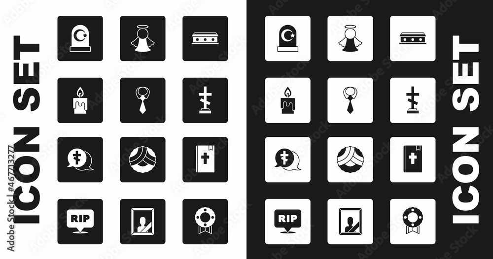 Set Coffin with cross, Tie, Burning candle, Muslim cemetery, Grave, Angel, Holy bible book and icon. Vector Set Coffin with cross, Tie, Burning candle, Muslim cemetery, Grave, Angel, Holy bible book and icon. Vector