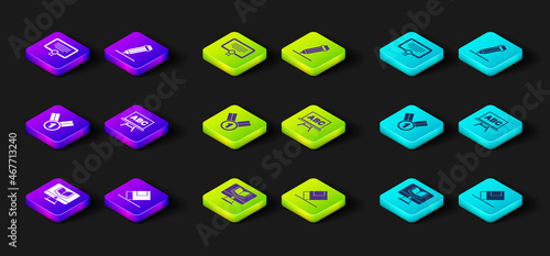 Set Online class, Eraser or rubber, Medal, Chalkboard, Pencil with eraser and Certificate template icon. Vector