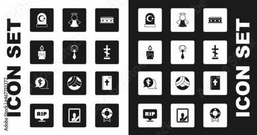 Set Coffin with cross, Tie, Burning candle, Muslim cemetery, Grave, Angel, Holy bible book and icon. Vector