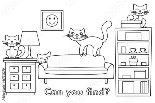Mommy cat and little kittens in the room learning game for small children - color and find all kittens. Vector coloring book pages for kids