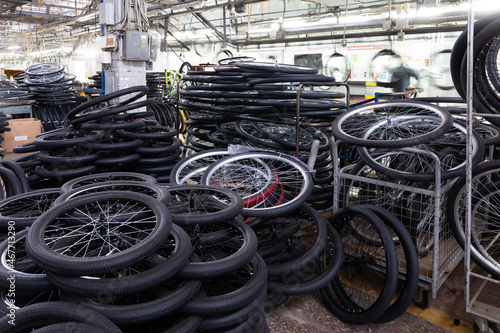 motorcycle and moped assembly plant, new wheels and tires before installation