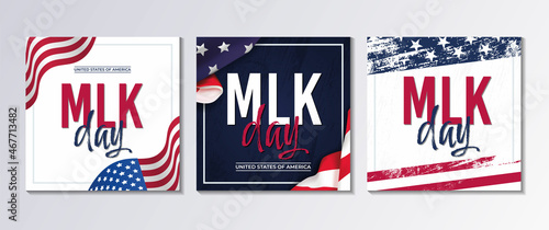 Martin Luther King Day greeting cards set with United States national flag. United States national holiday vector illustration. 