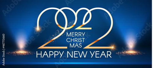 Happy new 2022 year Elegant gold text with spotlight. Minimalistic text template.