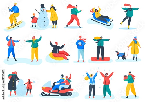 People in warm clothes doing winter outdoor activities in park. Characters snowboarding, building snowman, ice skating, skiing vector set. Seasonal sport, man and woman have active lifestyle