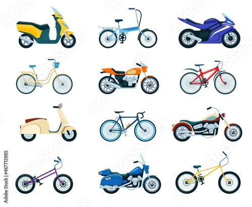 Motorcycles and bikes, bicycle, motorbike, delivery scooter. Various motorcycle vehicle models, sportbike, chopper, road bike flat vector set. Shipping products and traveling or transportation