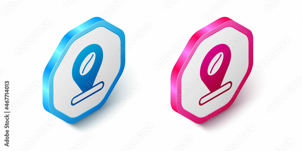 Isometric Location with coffee bean icon isolated on white background. Hexagon button. Vector Isometric Location with coffee bean icon isolated on white background. Hexagon button. Vector