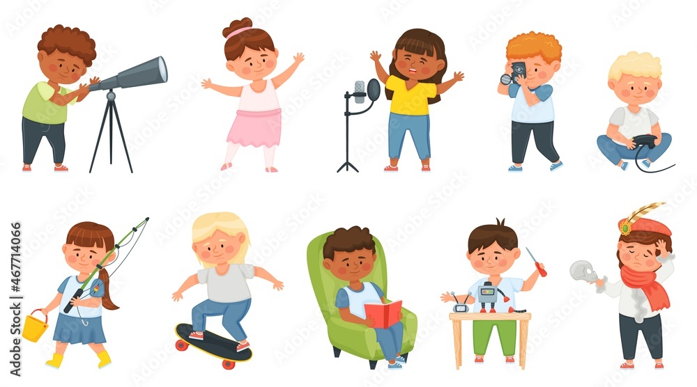 Kids hobbies, cartoon children doing different creative activities. Child characters singing, reading, skateboarding, building robot vector set. Boys and girls spending leisure time Kids hobbies, cartoon children doing different creative activities. Child characters singing, reading, skateboarding, building robot vector set. Boys and girls spending leisure time
