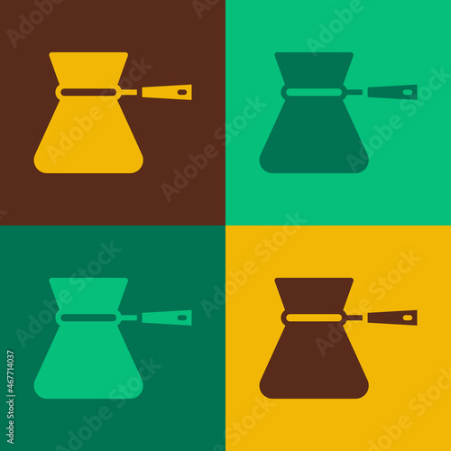 Pop art Coffee turk icon isolated on color background. Coffee cezve. Vector