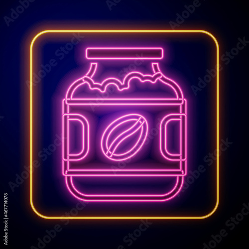 Glowing neon Coffee jar bottle icon isolated on black background. Vector