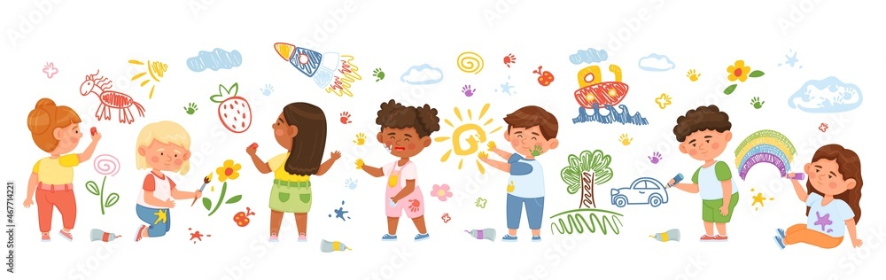 Cartoon kids drawing on wall, creative children draw with pencils or paint.  Preschool characters painting colorful pictures vector illustration. Boys  and girls having activity in kindergarten Stock Vector | Adobe Stock
