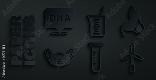 Set Test tube and flask, Stomach heartburn, Medical protective mask, Wind turbine, Laboratory glassware or beaker and DNA symbol icon. Vector