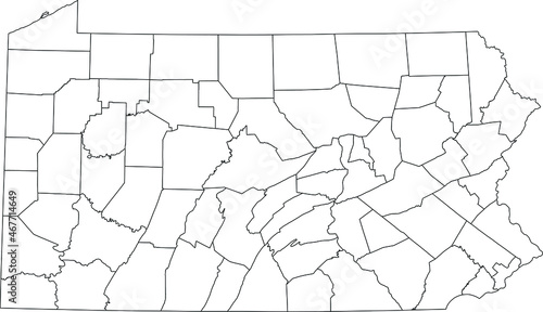 White blank vector administrative map of the Federal State of Pennsylvania, USA with black borders of its counties