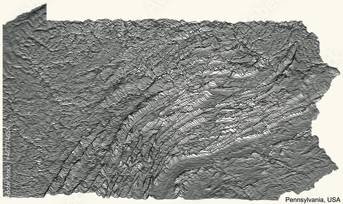 Topographic positive relief map of the Federal State of Pennsylvania, USA with black contour lines on beige background