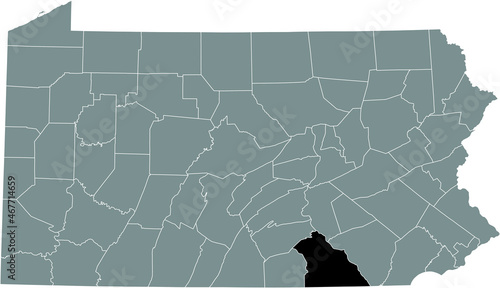 Black highlighted location map of the York County inside gray administrative map of the Federal State of Pennsylvania, USA