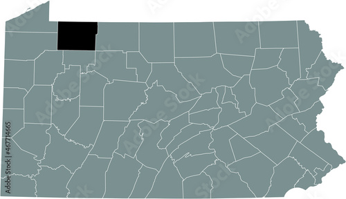 Black highlighted location map of the Warren County inside gray administrative map of the Federal State of Pennsylvania, USA photo