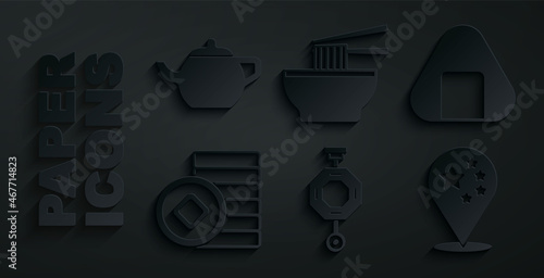 Set Chinese paper lantern, Sushi, Yuan currency, China flag, Asian noodles bowl and tea ceremony icon. Vector