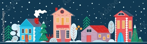 Vector colored tiney houses christmas banner street photo