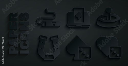 Set Game dice, Casino roulette wheel, Horseshoe, Online poker table game and Cigar icon. Vector