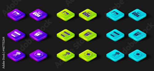 Set Photo camera, Camera shutter, photo lens, flash, with and retouching icon. Vector