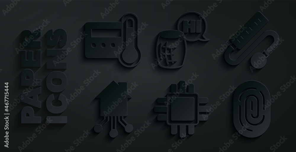Set Processor with CPU, Electric extension cord, Smart home, Fingerprint, Voice assistant and Thermostat icon. Vector Set Processor with CPU, Electric extension cord, Smart home, Fingerprint, Voice assistant and Thermostat icon. Vector