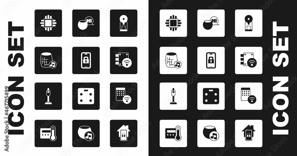 Set Smart coffee machine, Digital door lock, Voice assistant, Processor with CPU, Air humidifier and Vacuum cleaner icon. Vector Set Smart coffee machine, Digital door lock, Voice assistant, Processor with CPU, Air humidifier and Vacuum cleaner icon. Vector