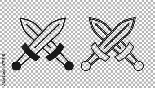 Black Crossed medieval sword icon isolated on transparent background. Medieval weapon. Vector