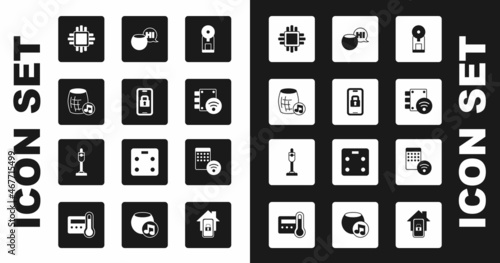 Set Smart coffee machine, Digital door lock, Voice assistant, Processor with CPU, Air humidifier and Vacuum cleaner icon. Vector