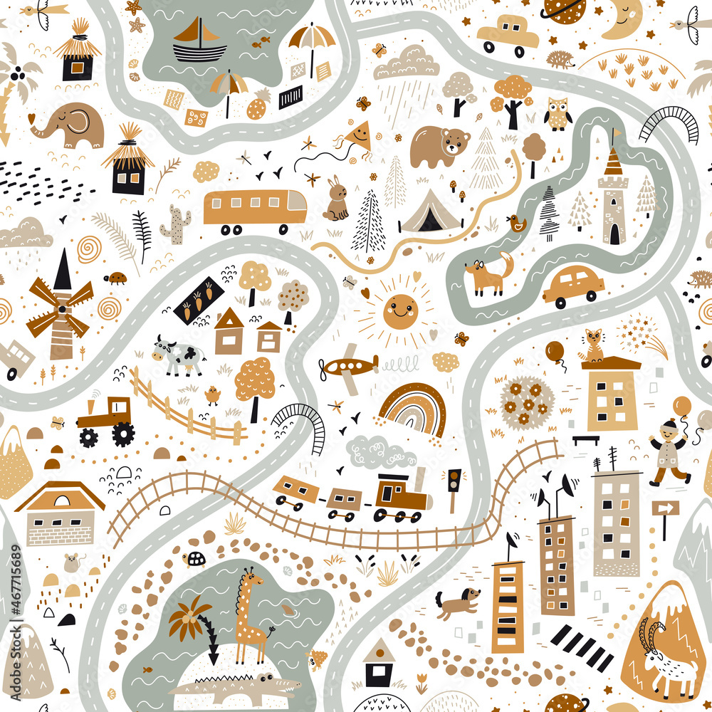 Children's World Map. Travel around the world play mat for Kids. Baby land map vector seamless pattern. Kid carpet with cute doodle roads, nature, city, village, forest, sea and wild animals etc. 