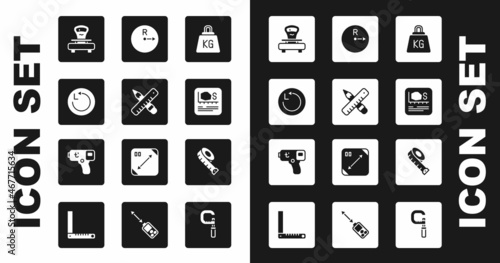 Set Weight, Crossed ruler and pencil, Radius, Scales, Area measurement, Measuring tape and Digital thermometer icon. Vector