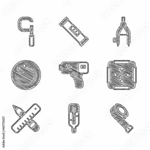Set Digital thermometer, Medical, Measuring tape, Area measurement, Crossed ruler and pencil, Radius, Drawing compass and Micrometer icon. Vector