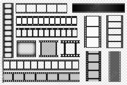 Cinema film strips, old movie reel frame, filmstrip roll. Vintage photo or video camera tape template, blank negative films strips vector set. Retro monochrome border isolated on transparent