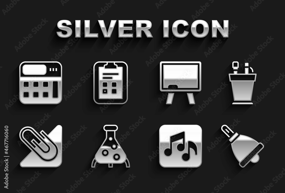 Set Test tube and flask, Pencil case stationery, Ringing bell, Music note, tone, Paper clip, Chalkboard, Calculator and Exam sheet with check mark icon. Vector Set Test tube and flask, Pencil case stationery, Ringing bell, Music note, tone, Paper clip, Chalkboard, Calculator and Exam sheet with check mark icon. Vector