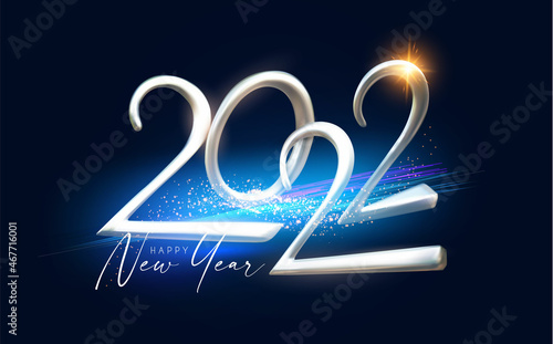 Happy 2022 New Year Elegant Christmas congratulation with 3D realistic metal text and light effect