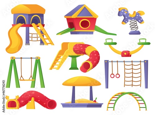 Cartoon children playground elements, kids park equipment. Slide, seesaw, swing, sandbox, swing horse, kindergarten outdoor playset vector set. Leisure activity and entertainment for children