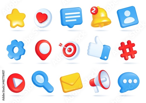 3d social media icons, online communication, digital marketing symbols. Like button, speech bubble, notification bell, hashtag icon vector set. Elements for networking sites, applications