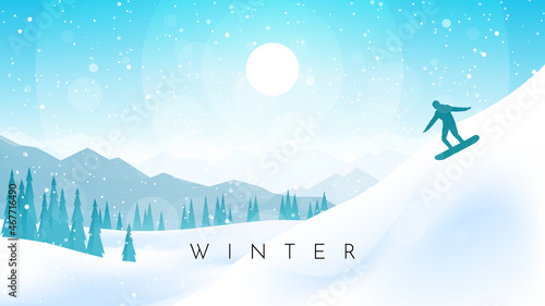 Winter landscape. Snowboarding in the mountains. Adventures, hiking, tourism. Travel concept of extreme, active winter sport. Minimalist polygonal flat design graphic poster. Vector illustration