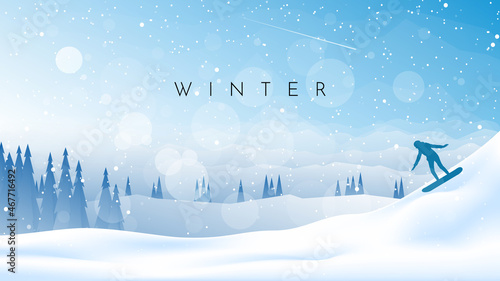 Winter landscape. Snowboarding in the mountains. Adventures, hiking, tourism. Travel concept of extreme, active winter sport. Minimalist polygonal flat design graphic poster. Vector illustration