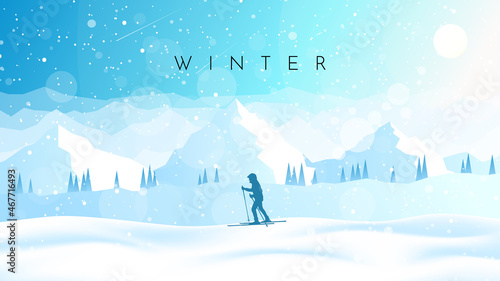 Winter landscape. Skiing in the mountains. Adventures, hiking, tourism, outdoor sports. Travel concept of discovering, exploring. Minimalist polygonal flat design graphic poster. Vector illustration