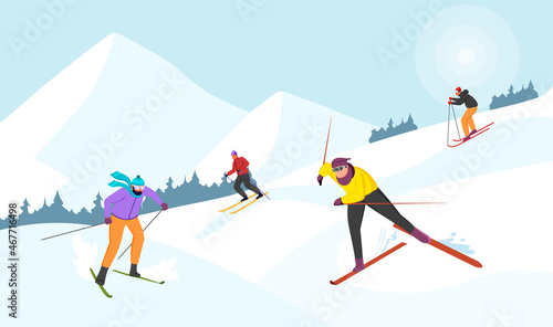 Happy man and woman ride skis in Alps. Winter mountain landscape with skiers. Blue sky, tops of rocks on background. Winter sport activities. Skiing resort. Vector illustration