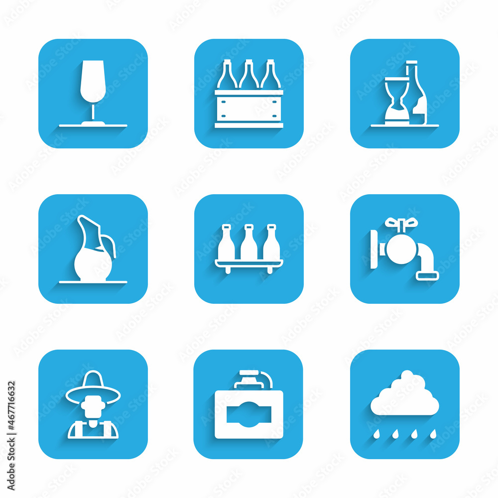 Set Bottle of wine, Cardboard box, Cloud with rain, Tap for barrel, Farmer the hat, Decanter, and Wine glass icon. Vector Set Bottle of wine, Cardboard box, Cloud with rain, Tap for barrel, Farmer the hat, Decanter, and Wine glass icon. Vector